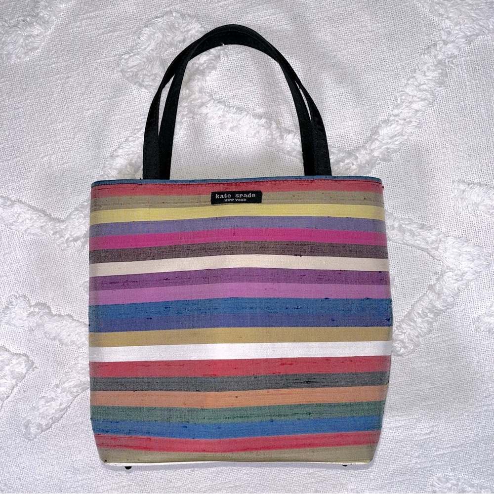 Vintage Kate Spade Small Tote Striped Fabric With Canvas Straps Multicolor